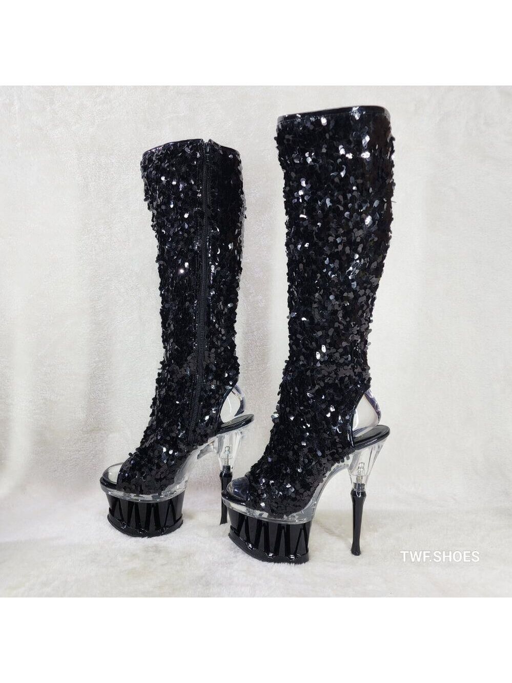 Pleaser Spiky Black Sequin Knee Boots Spiked Design Platform - Picture 8 of 12